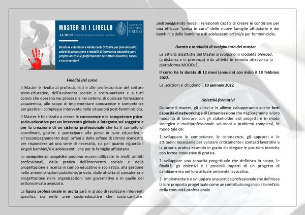 Master I Livello - Bambine e Bambini e Adolescenti Orfani/e per femminicidio: azioni di prevenzione e modelli di intervento educativo per i professionisti e professioniste dei settori educativi, sociali e socio-sanitari - immagine 2